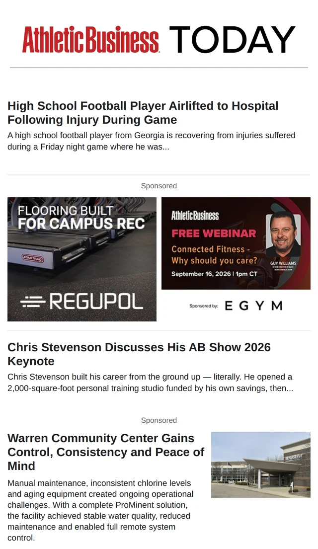 The top of an actual AB Today issue: Athletic Business Today masthead, lead story, two sponsored display ads, a and a sponsored native story.