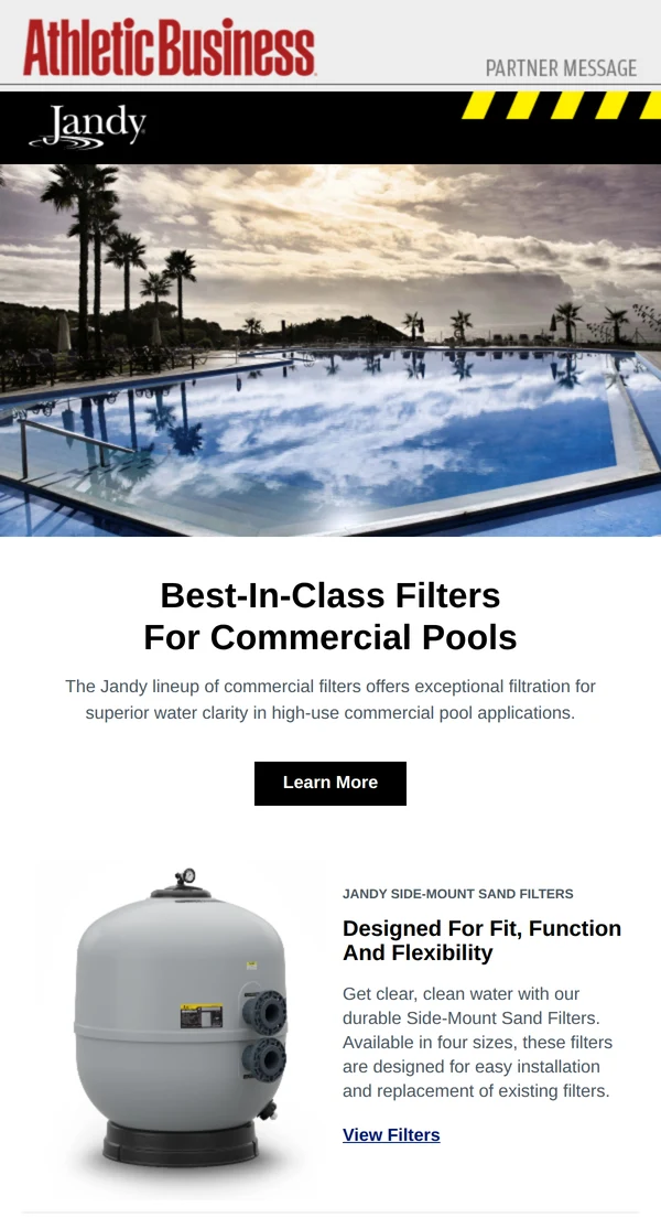 An actual Athletic Business custom email: the AB masthead marked Partner Message above Fluidra's Jandy commercial filters announcement, with hero image, headline, Learn More button and a featured product.