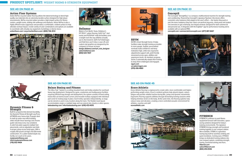 An actual two-page Product Spotlight spread on weight rooms and strength equipment from the October 2026 issue of Athletic Business, with product photos and short write-ups.