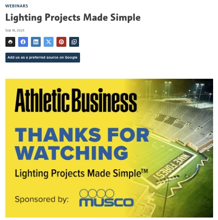 An AB webinar page on AthleticBusiness.com — ‘Lighting Projects Made Simple,’ sponsored by Musco, with the recording available on demand.