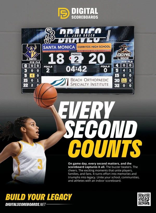 Digital Scoreboards full-page ad in Athletic Business: Every Second Counts