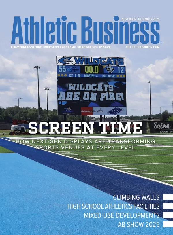 Athletic Business Nov/Dec 2025 cover featuring a Digital Scoreboards installation
