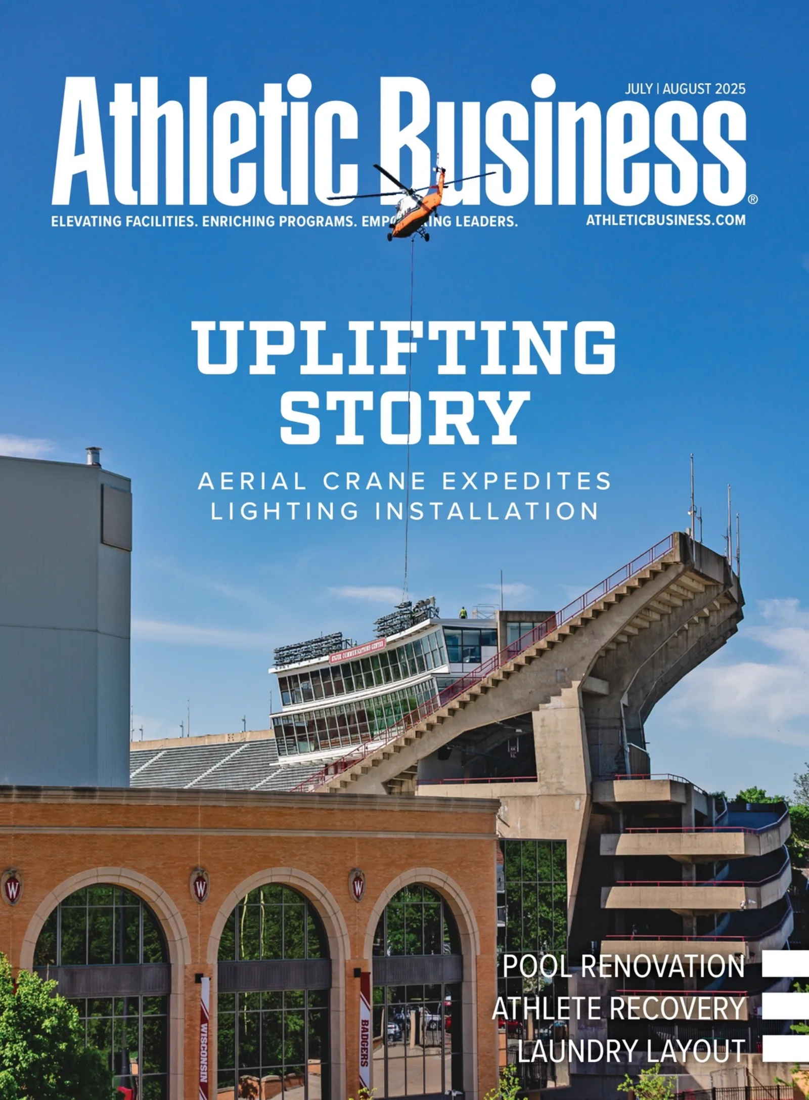 Cover of the July/August 2025 issue of Athletic Business — the print title where display ads run.