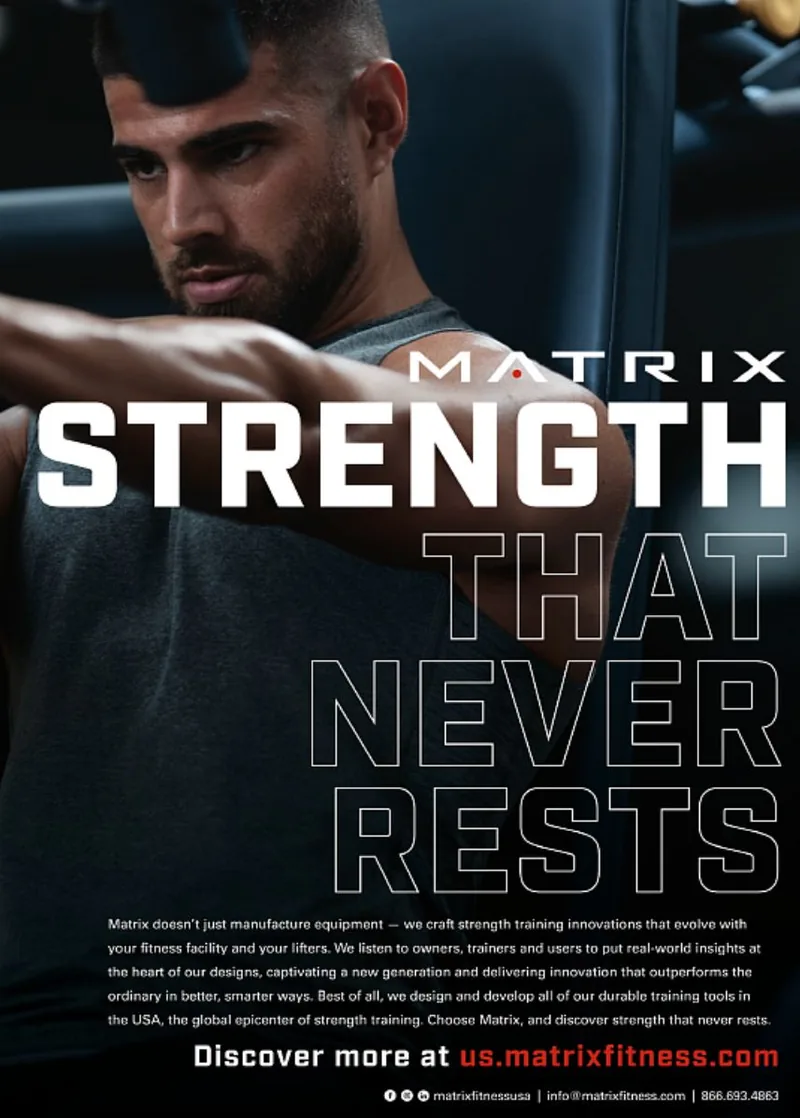 Matrix Fitness full-page ad in Athletic Business: &ldquo;Strength that never rests.&rdquo;